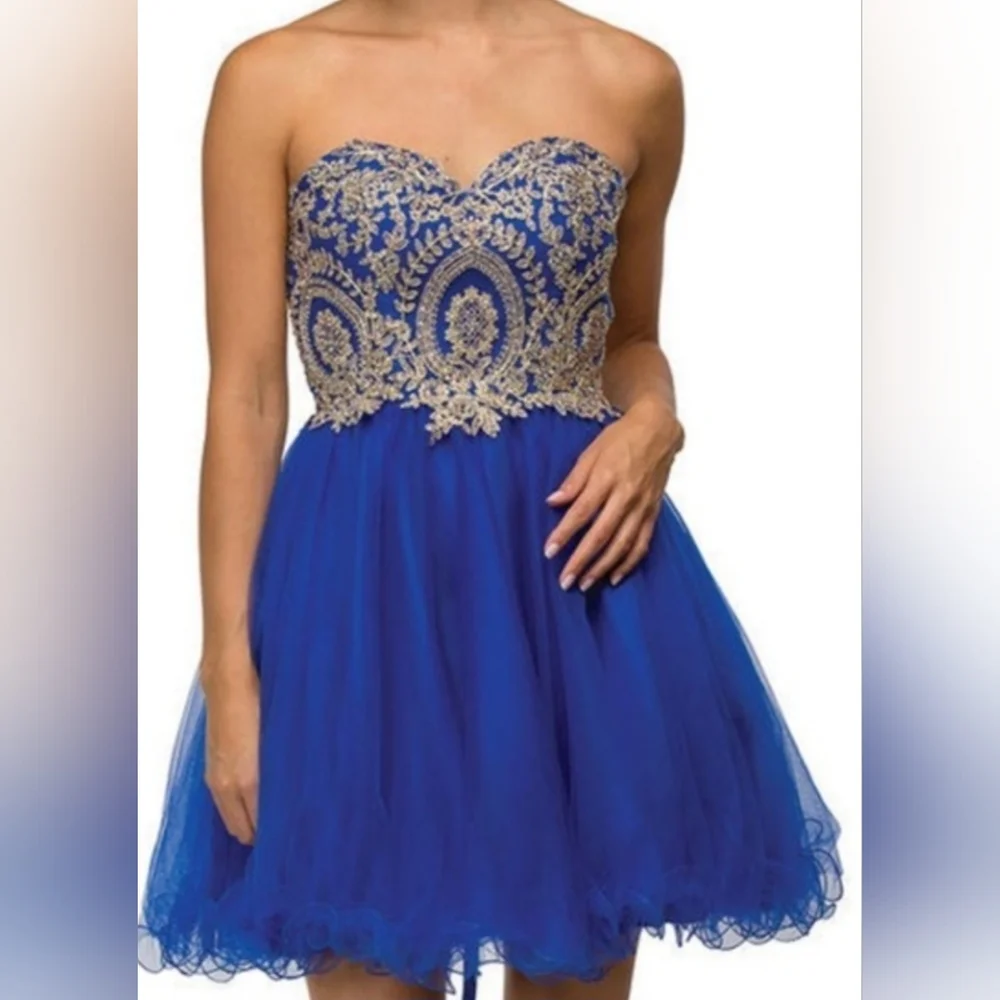 Dancing Queen Hand Beaded Strapless Blue/gold Crystal Embellished Dress Sz Large - Picture 6 of 14